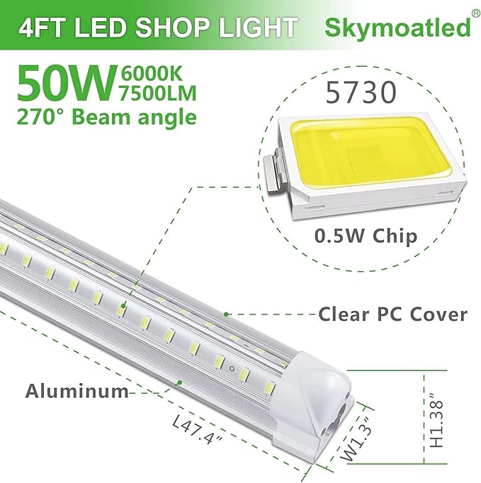 8Pack 4FT LED Shop Light Garage Lights, 50W 6000K 7500LM White Light, - Image 2
