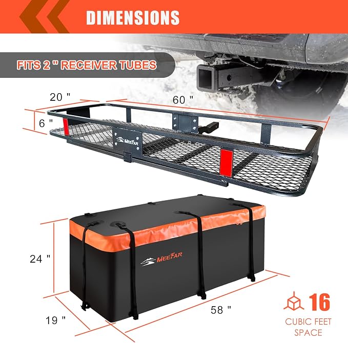 MeeFar Folding Hitch Mount Cargo Carrier Basket 60" X 20" X 6"+Waterproof Cargo - Image 3