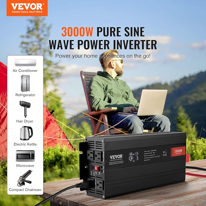 VEVOR Pure Sine Wave Inverter, 3000 Watt, DC 12V to AC 120V Power Inverter - Image 2