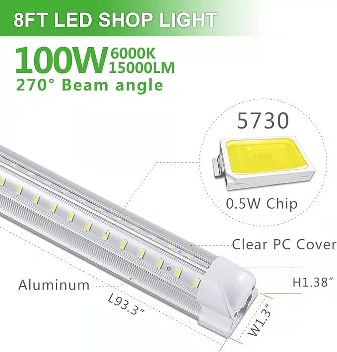 4Pack 8FT LED Shop Light Garage Lights, 100W 6000K 15000LM White Light - Image 2