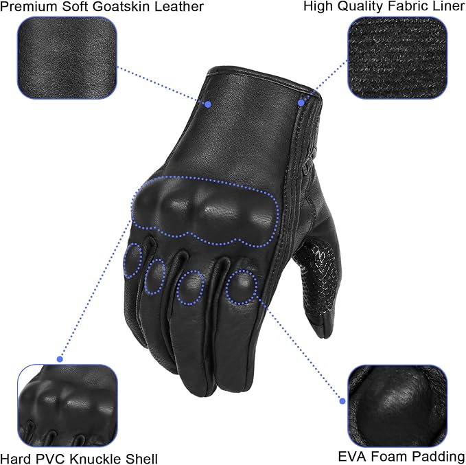 Updated Full Finger Leather Motorcycle Gloves Phone Touch Goat Skin Black - Image 2