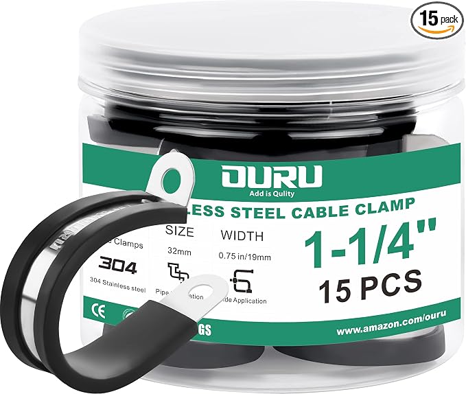 15pcs 1-1/4 Inch Stainless Steel Cable Clamps, Rubber Coated Cushioned by OURU