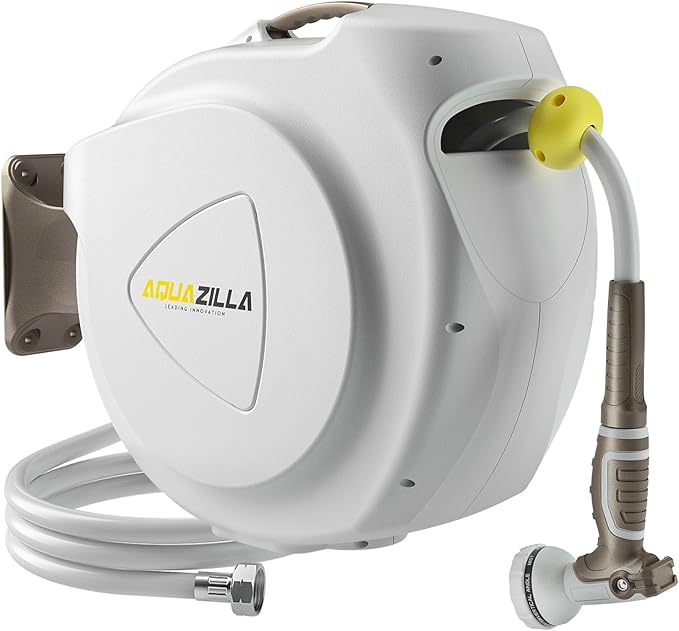 Retractable Garden Hose Reel, 5/8 in 100+6 ft, Heavy Duty Wall Mounted Water by AQUAZILLA
