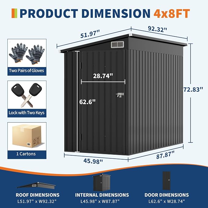 4×8 FT Lean to Storage Shed, Heavy-Duty Outdoor Metal Storage Shed, Garden Tool - Image 2