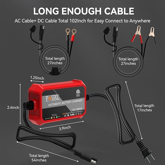 FOVAL Fully Automatic Trickle Battery Charger, 1000mA 12V Smart Car Battery - Image 3