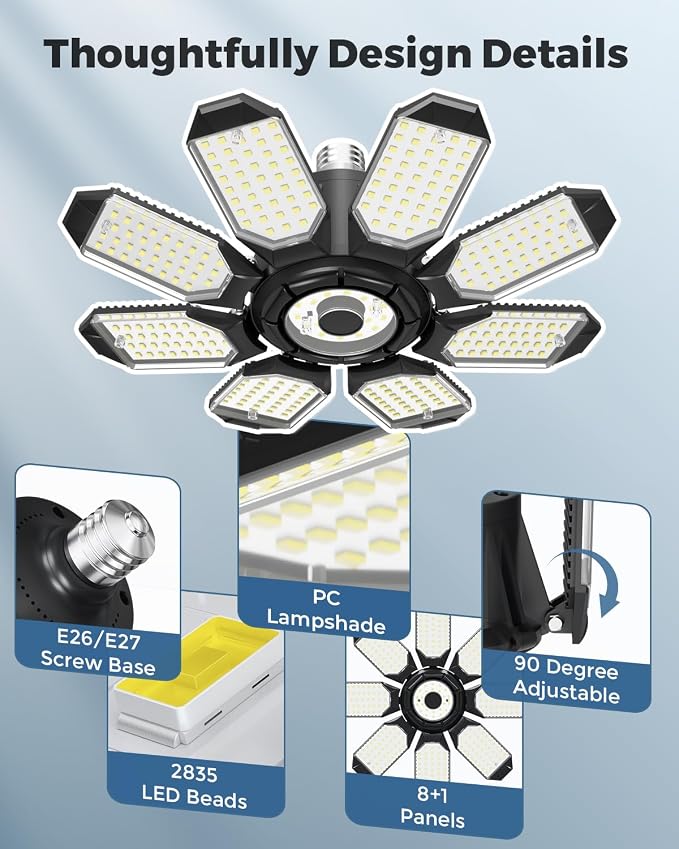 Adiding LED Garage Ceiling Lights 2 Pack w/ 8+1 Adjustable Panel, Super Bright - Image 3