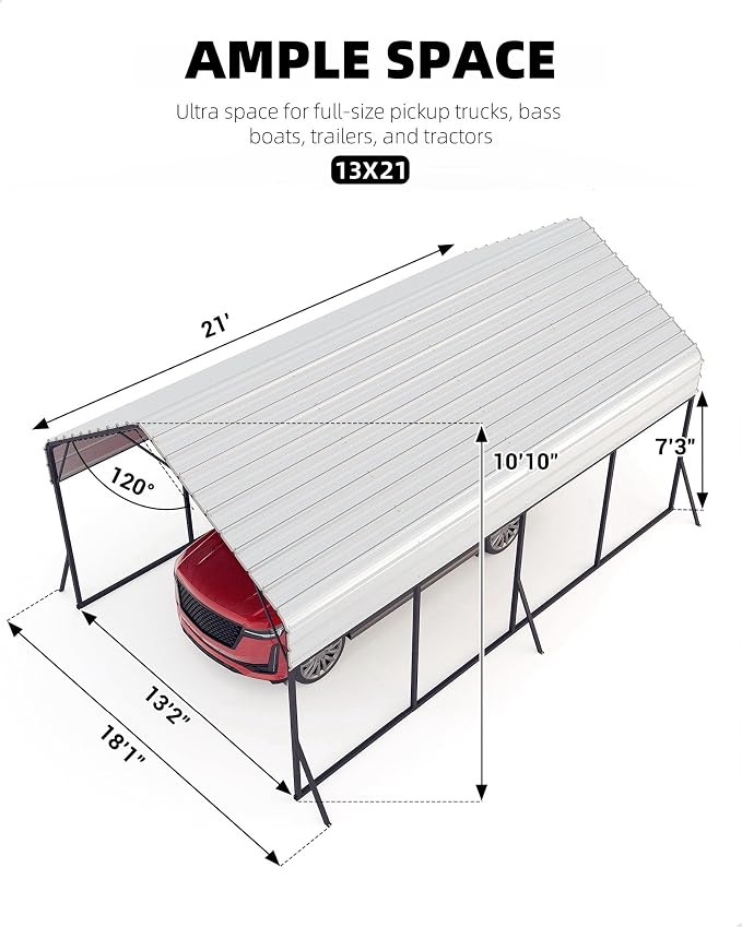 13'x21'x11' Oversized Metal Carport, Heavy Duty Metal Car Port - Image 7