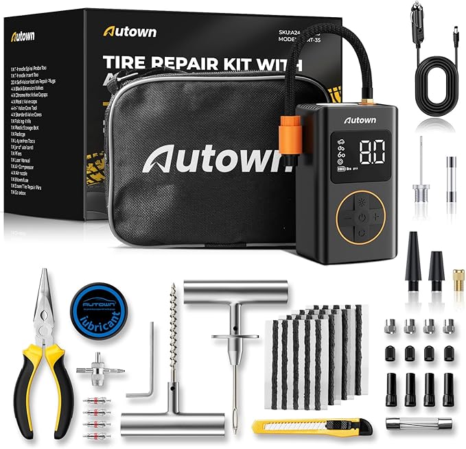 Flat Tire Repair Kit with Air Compressor 54 Pieces by AUTOWN