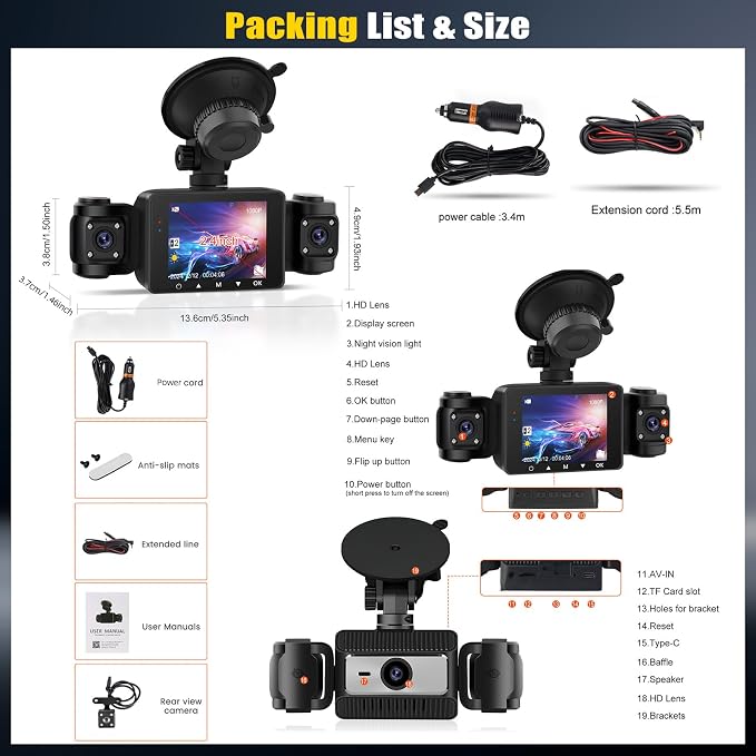 4 Channel Dash Cam Front and Rear Inside Left Right, 2.4 Inch 1080P Dash Camera - Image 7
