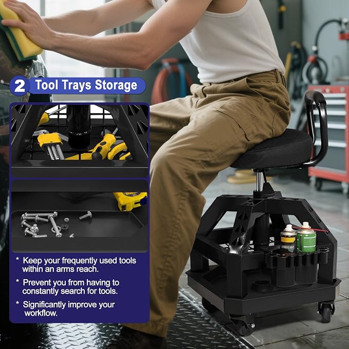 Rolling Shop Stool with Wheels, Heavy Duty Garage Work Mechanic Stool with - Image 6
