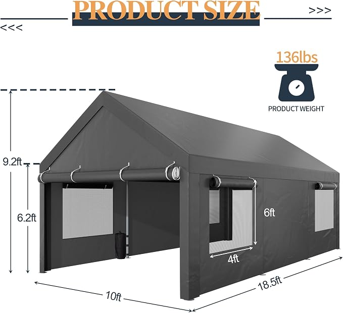 Shintenchi Carport 10' x 20' Heavy Duty Portable Garage, Car Port Canopy - Image 3