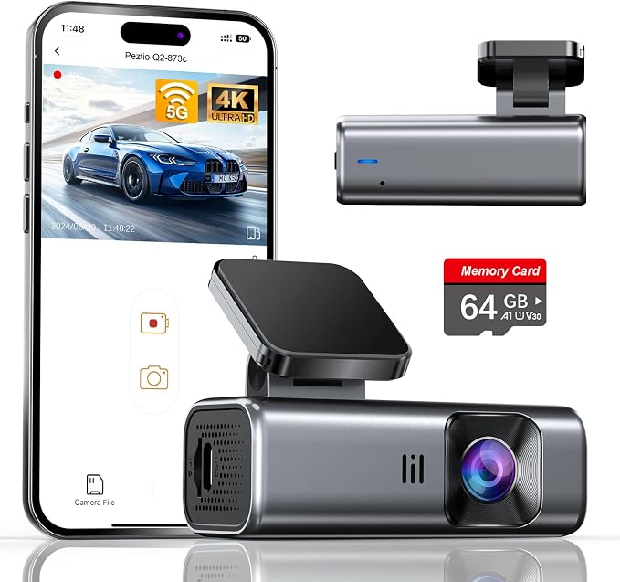 4K Dash Cam Front, Built-in 5G WiFi, 64GB Card Included, Dash Camera by galphi