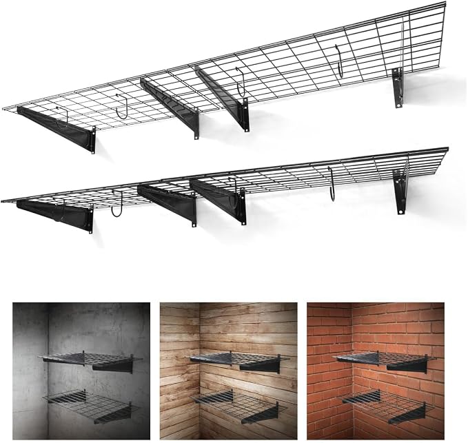 Fencer Wire 72 in. W x 18 in. D Wall Mounted Garage Wall Shelving w/ 4 Hooks by Fencer+Wire
