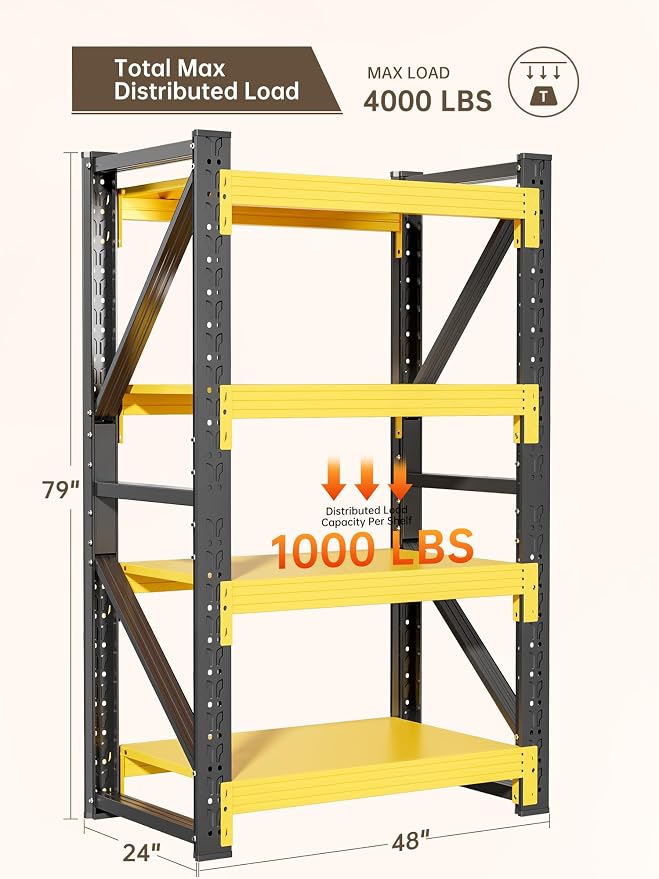 4-Tier Storage Shelves, Adjustable Industrial Metal Shelf System, 000lbs - Image 3