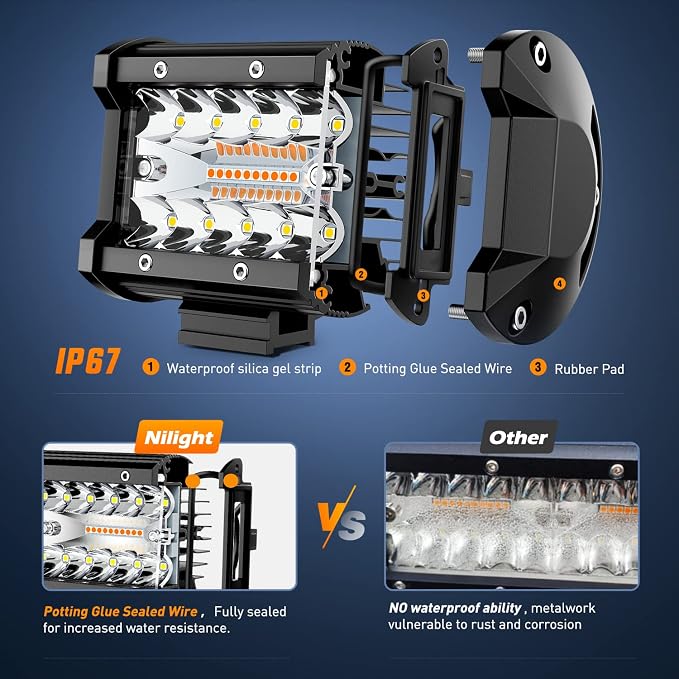 Nilight 2PCS 4Inch 60W LED Pods Spot Flood Amber White Light Bar Strobe 6 Modes - Image 8
