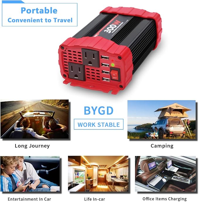 BYGD 300W Car Power Inverter, DC 12V to 110V AC Vehicle Plug Adapter Converter - Image 6