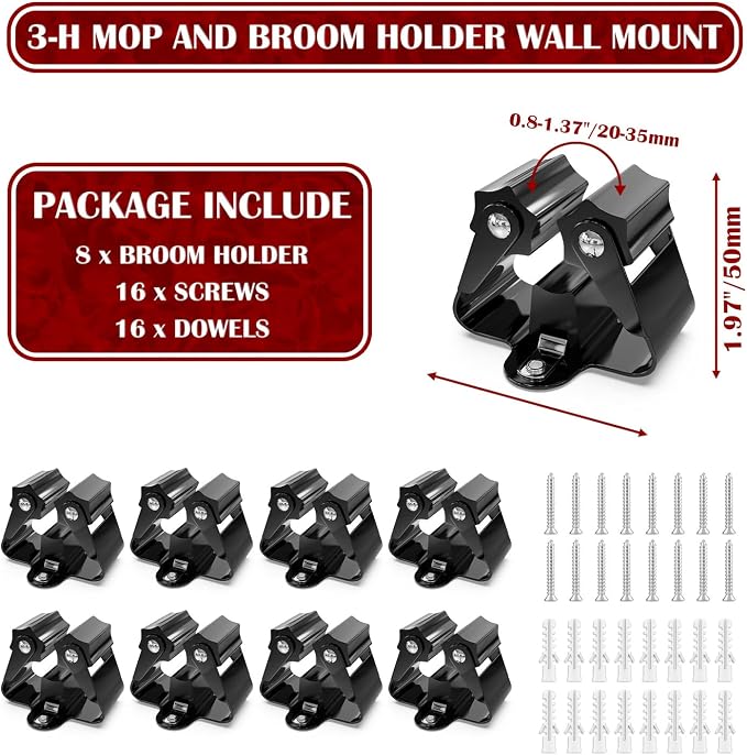3-H Broom Holder Wall Mount 8 Pack, Mop and Broom Holder - Image 3