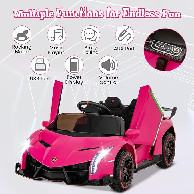 Costzon Pink Lamborghini Ride on Car, 12V Battery Powered 4WD Lambo Kids Car - Image 3