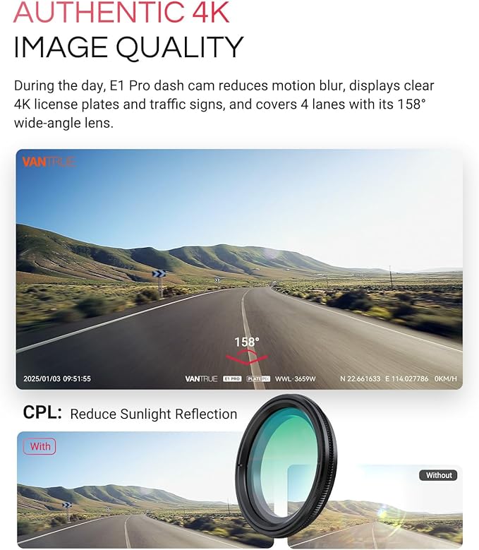 Vantrue E1 Pro 4K Mini Dash Cam Front, STARVIS 2 PlatePix HDR Night Vision Car - Image 4