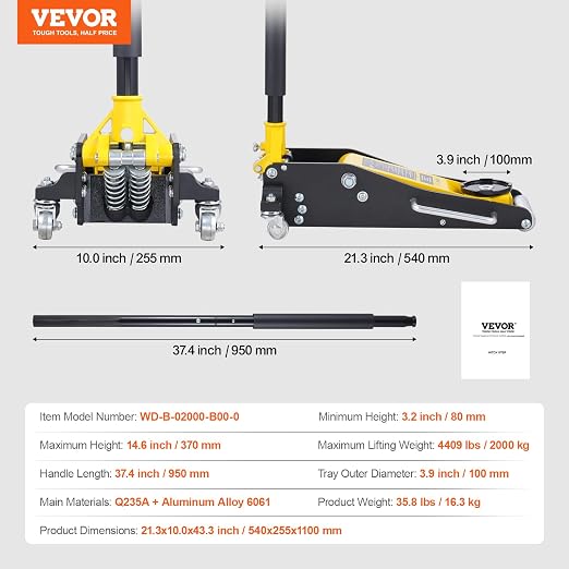VEVOR Low Profile Floor Jack 2 Ton, Heavy Duty Aluminum Hydraulic Racing Floor - Image 7