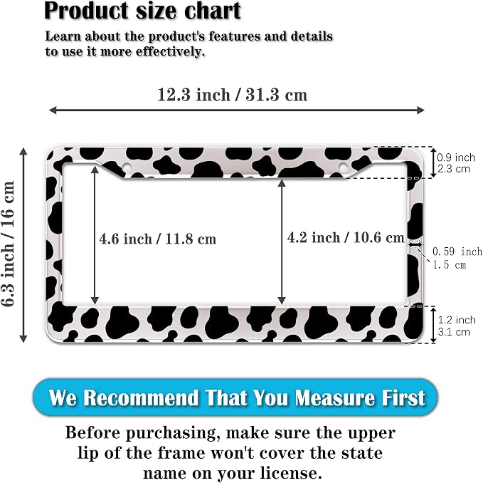 License Plate Frames Black and White License Plate Frame Animal Cow Print White - Image 2