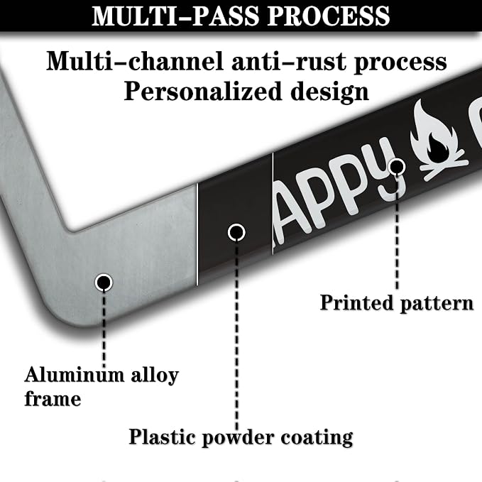 License Plate Frames Black and White Metal License Plate Frame Happy Camper - Image 5