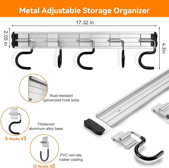 69'' Aluminum Alloy Garage Tool Organizer Hooks, Broom Holder Wall Mount - Image 2