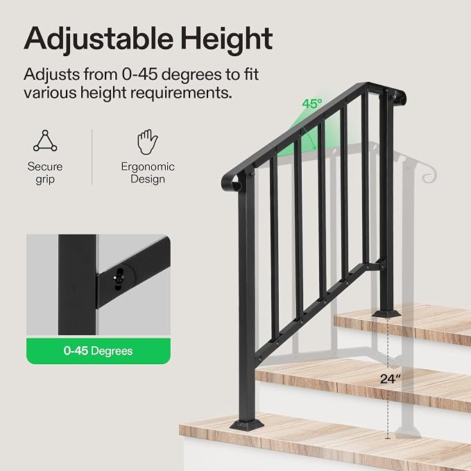 VIVOSUN Outdoor Handrail, 3 Step Stair Handrail, Wrought Mattle Iron Stair - Image 4