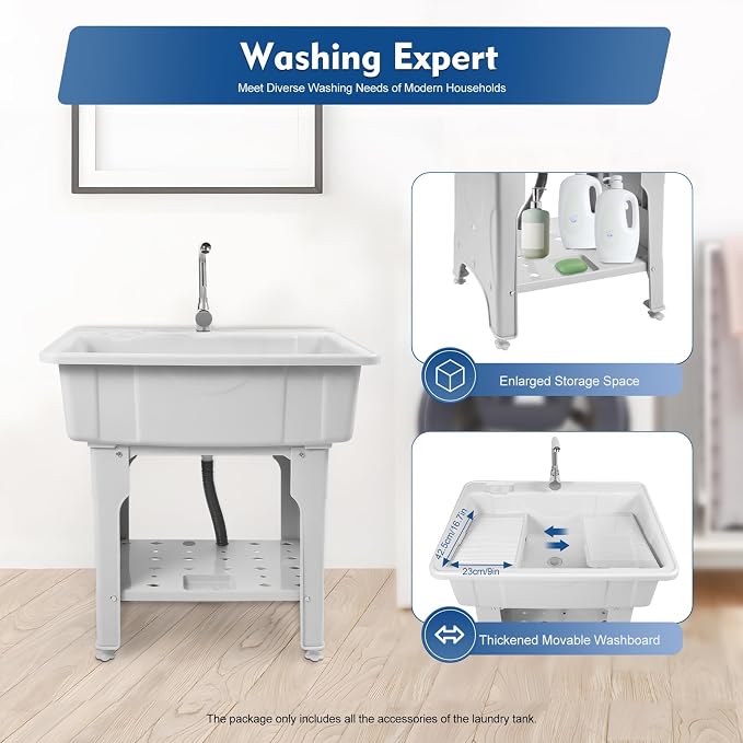 Freestanding Utility Sink Plastic Laundry Tub Spacious Sink - Image 5