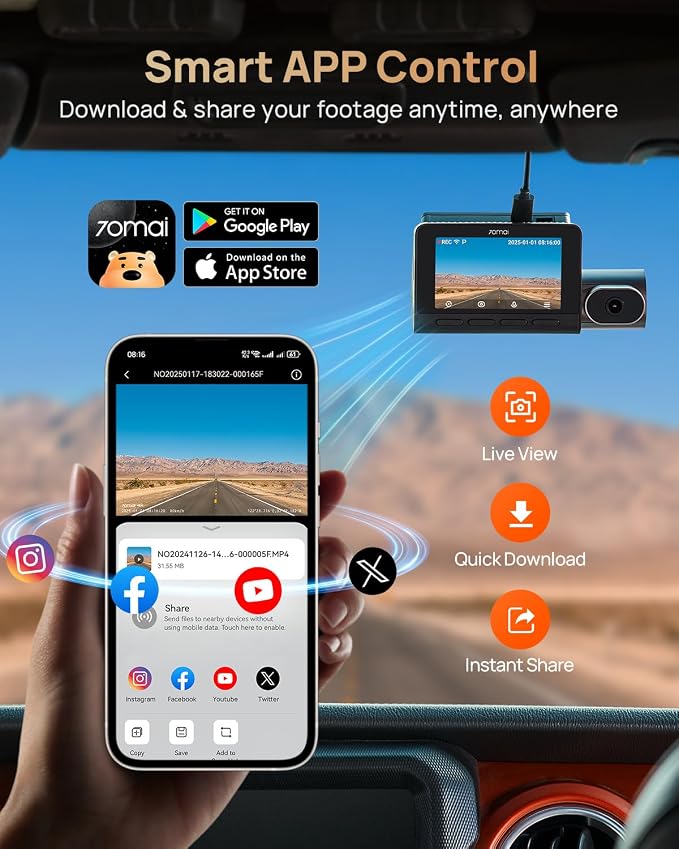 70mai 4K T800 3 Channel Dash Cam, Dash Cam Front and Rear Inside, STARVIS 2 - Image 7