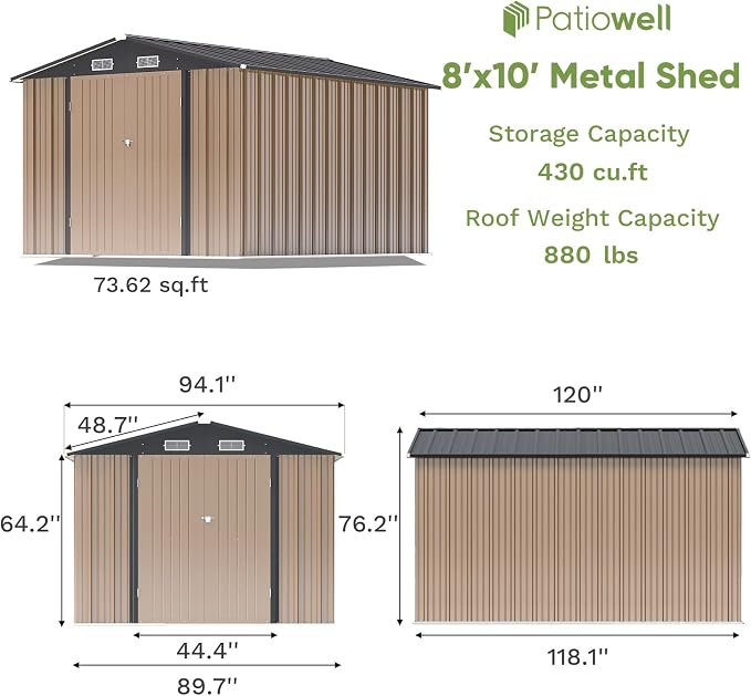 Patiowell 8x10 FT Outdoor Storage Shed, Large Garden Tool Metal Shed - Image 5