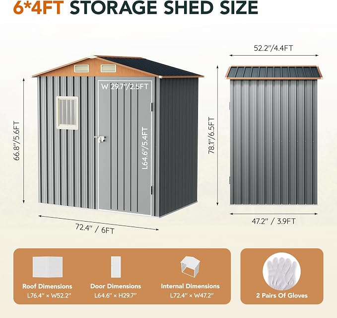 6x4FT Multi-used Shed & Outdoor Storage Shed, Steel Tool Shed - Image 8