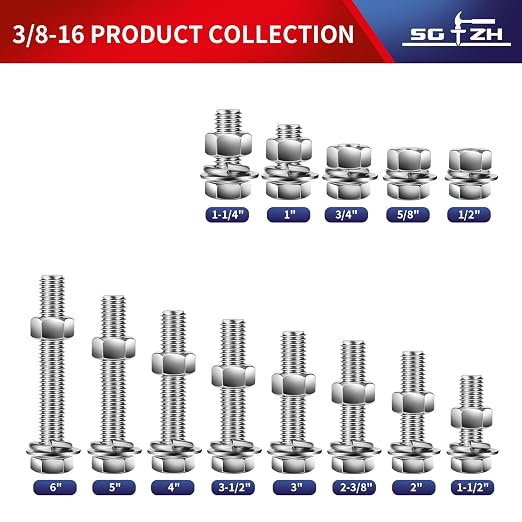 3/8-16 x 2-3/8" Hex Head Screw Bolt, Flat & Lock Washers, Fully Threaded - Image 3