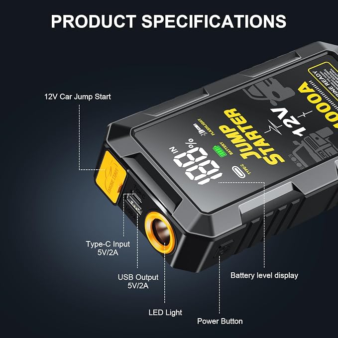 Car Battery Jump Starter with 4000A Peak Smart Clip LCD Display and 3 Modes - Image 6