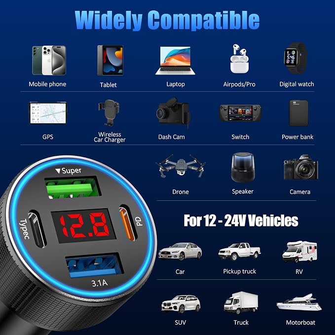 Car Charger USB C, 78W 4 Port Fast Charging Car Phone Charger Adapter, Dual - Image 7