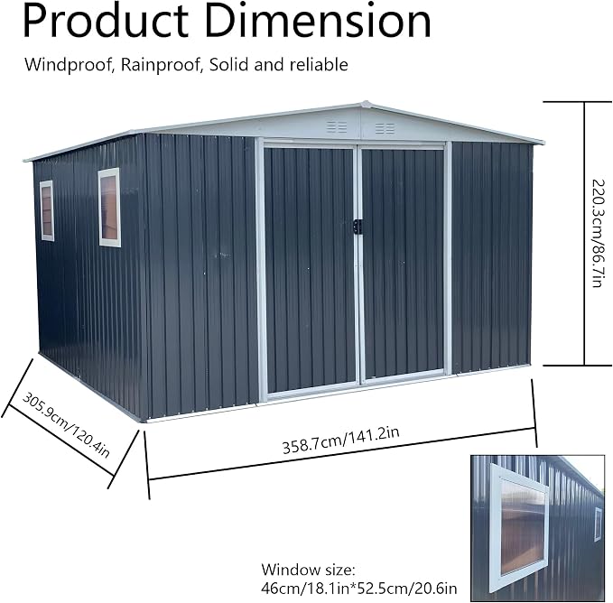 10x12 FT Outdoor Storage Shed, Large Metal Garden Shed - Image 3