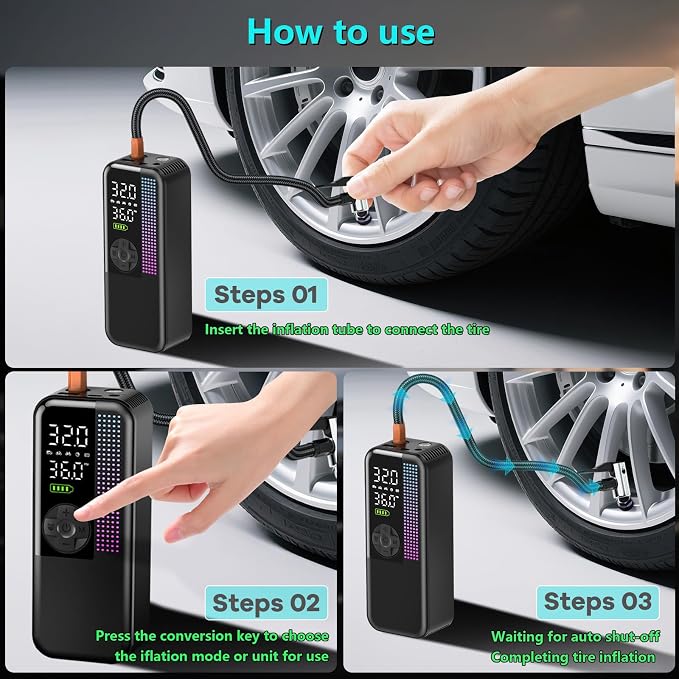 Tire Inflator Portable Air Compressor, 150 PSI Cordless Air Pump, Dual Power - Image 7