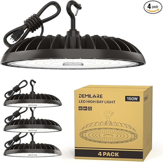 150W 4 Pack LED High Bay Light, 22500 lm, IP65 Waterproof, Commercial Lighting by DEMILARE
