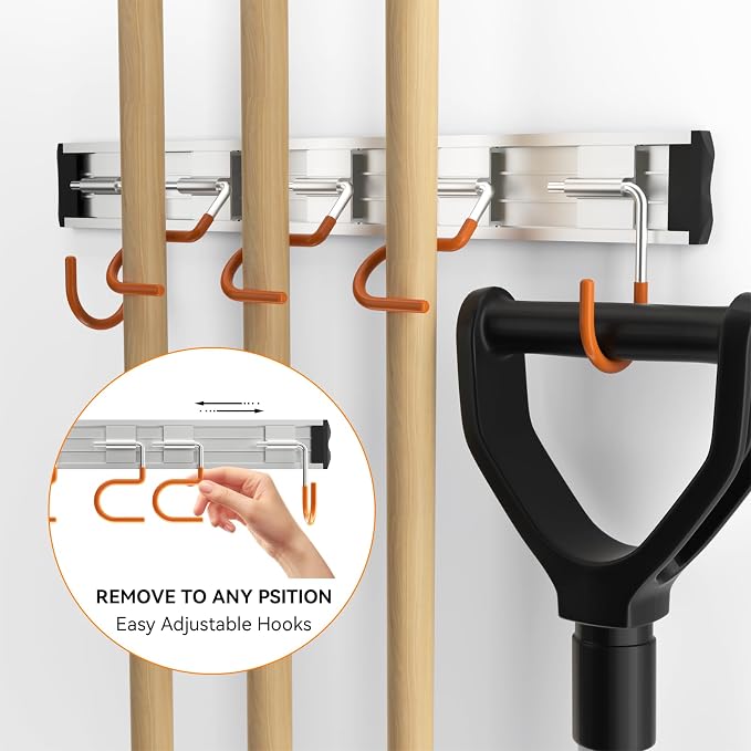 34.5'' Aluminum Alloy Garage Tool Organizer Hooks, Broom Holder Wall Mount - Image 3