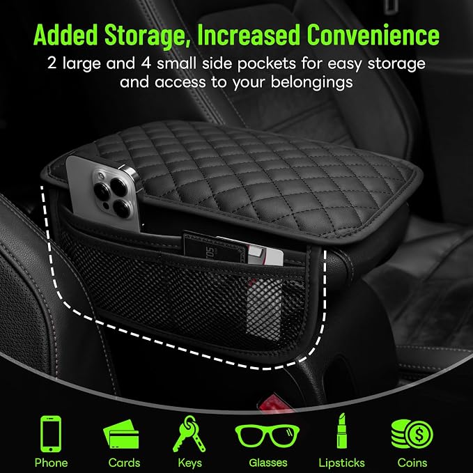 Car Center Console Cover with 6 Storage Pockets, Leather Car Arm Rest Cover - Image 3