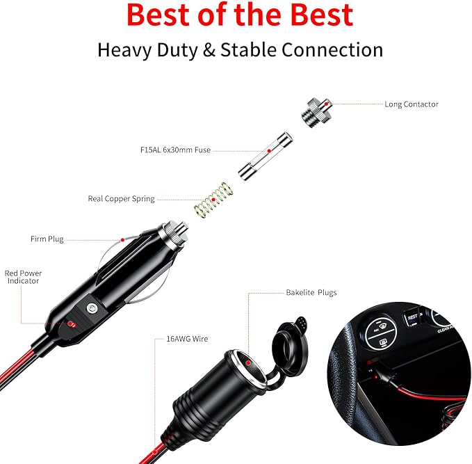 KEWIG 12/24V Car Cigarette Lighter Extension Cord - 20FT Cigarette Lighter Plug - Image 3