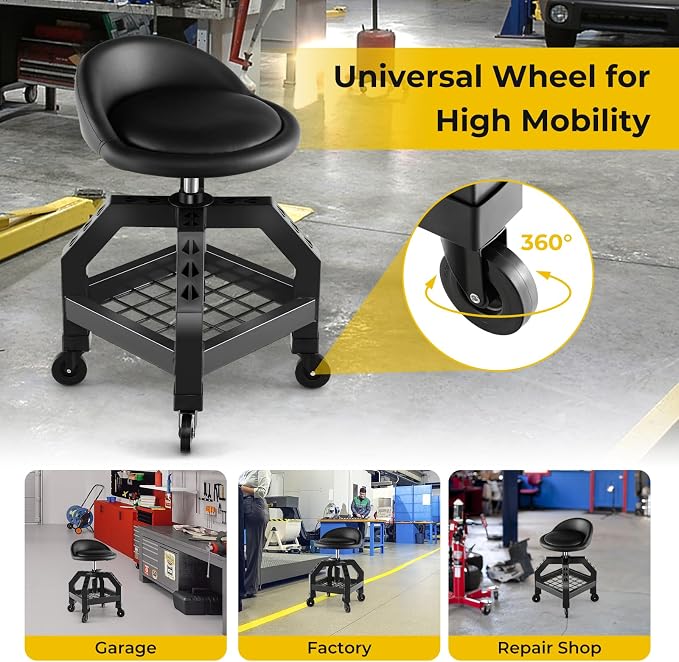 S AFSTAR Shop Stool with Wheels, Height Adjustable Garage Stool with 4 - Image 7