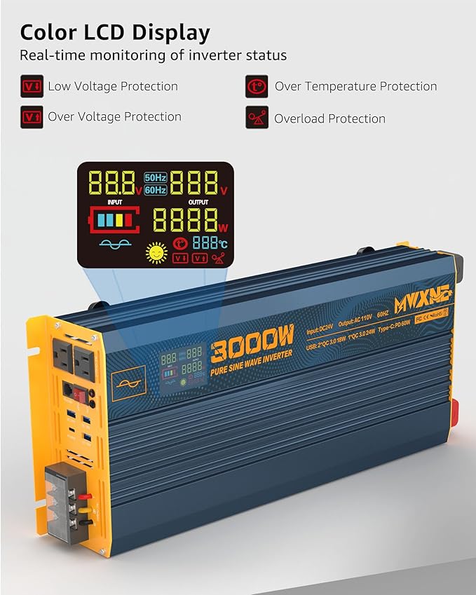 3000W Pure Sine Wave Power Inverter DC 24V to 110V 120V AC - Image 3