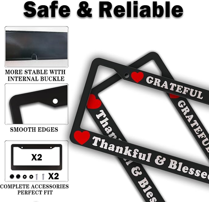License Plate Frames Black, and Red License Plate Cover Grateful Thankful and - Image 4