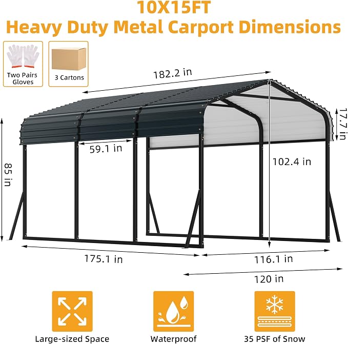 10 x 15 FT Metal Carport with Galvanized Steel Roof, Heavy Duty Metal Roof - Image 2