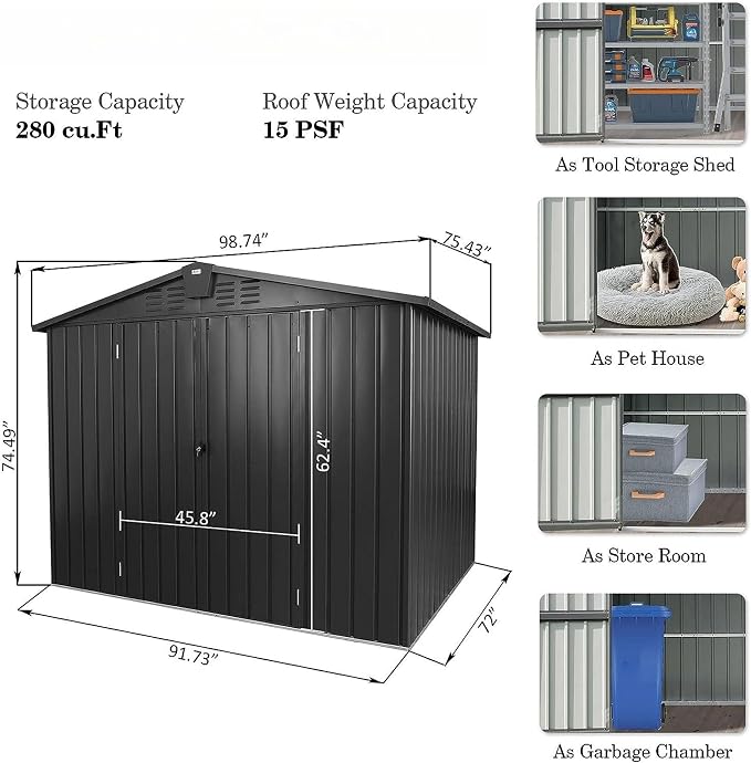 IKERY Galvanized Steel Storage Shed 8.2' x 6.2' - Image 5