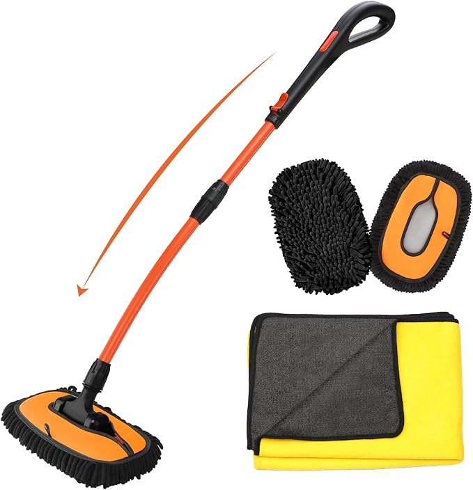 Car Wash Brush with Long Handle, 2 Replaceable Microfiber Mop Heads and 1 by MOUCHOT