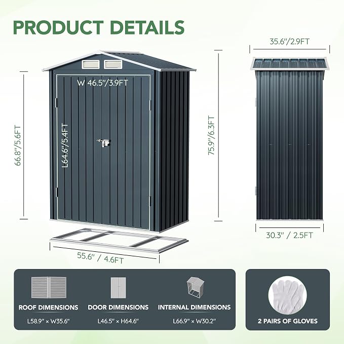 5x3X6.3FT Outdoor Steel Storage Shed - Image 3