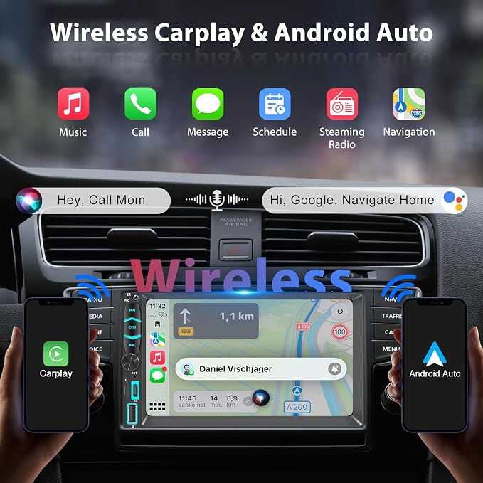7" Wireless Double Din Car Stereo Apple Carplay Radio Screen - Image 2