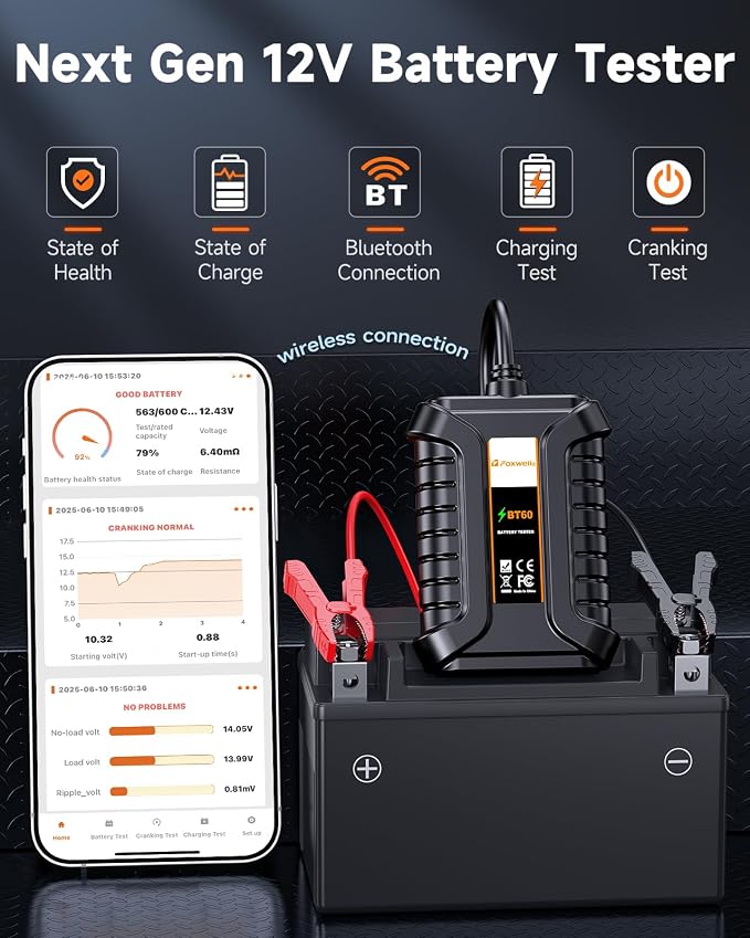 FOXWELL BT60 Car Battery Tester, 12V Bluetooth Battery Load Analyzer via App - Image 2